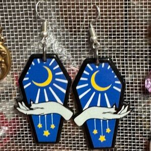 2 pair! Blue Coffin Earrings with Moon and Stars and Red with hand/snake